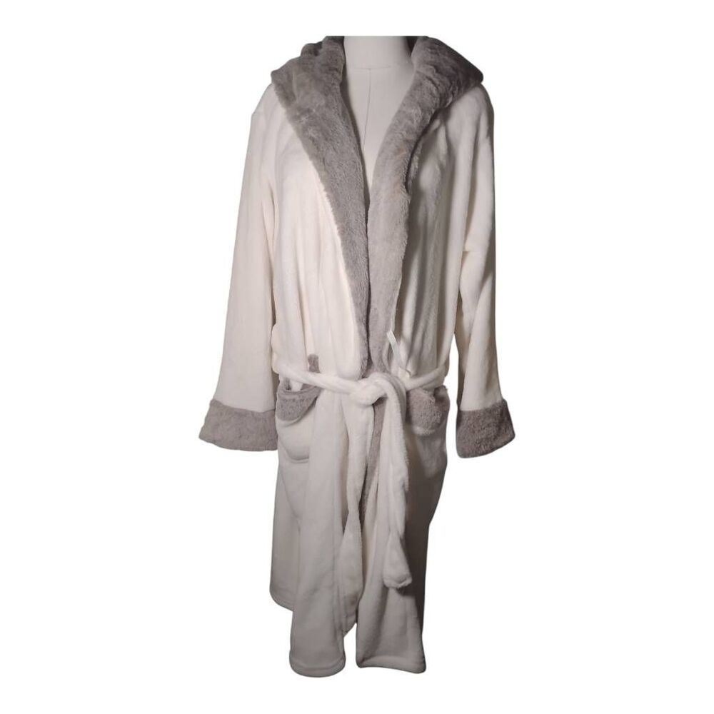 Plush Fuzzy Gray/White Bath Robe Size L/XL - Picture 3 of 6